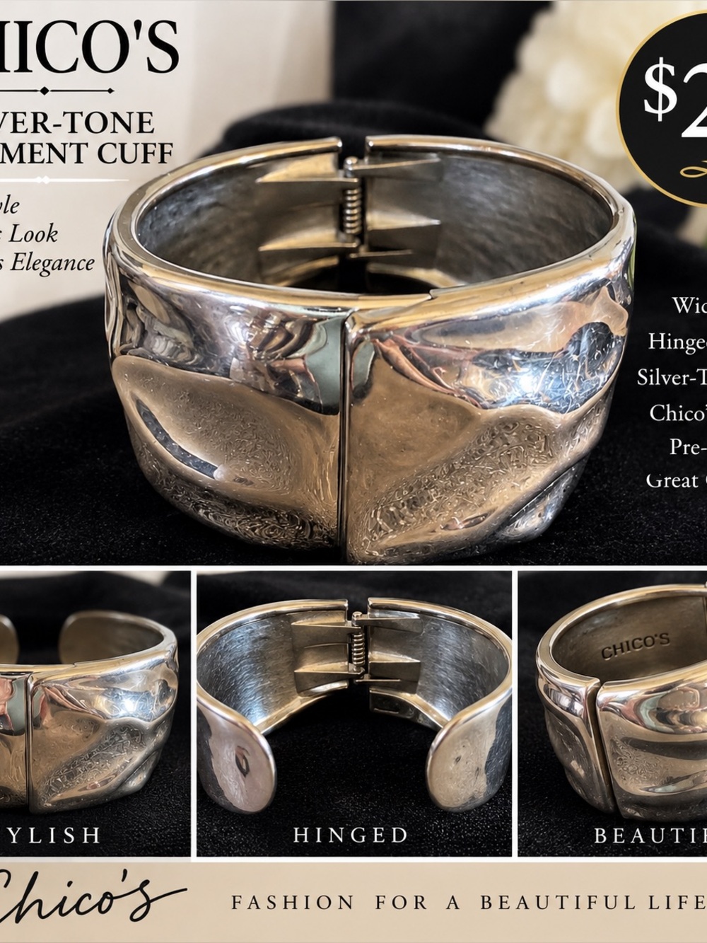 Chico's Polished Silver-Tone Hinged Cuff Bracelet